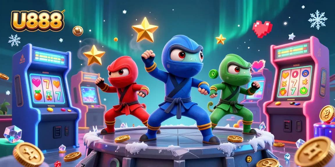 U888 showcases a vibrant cartoon ninja team amidst casino-themed slot machines and sparkling treasures.