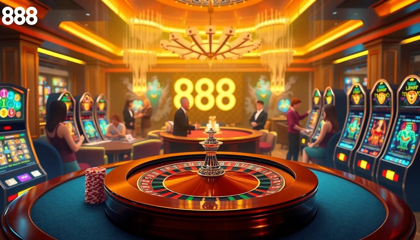 Experience thrilling casino action at 888VND with poker chips and roulette excitement.
