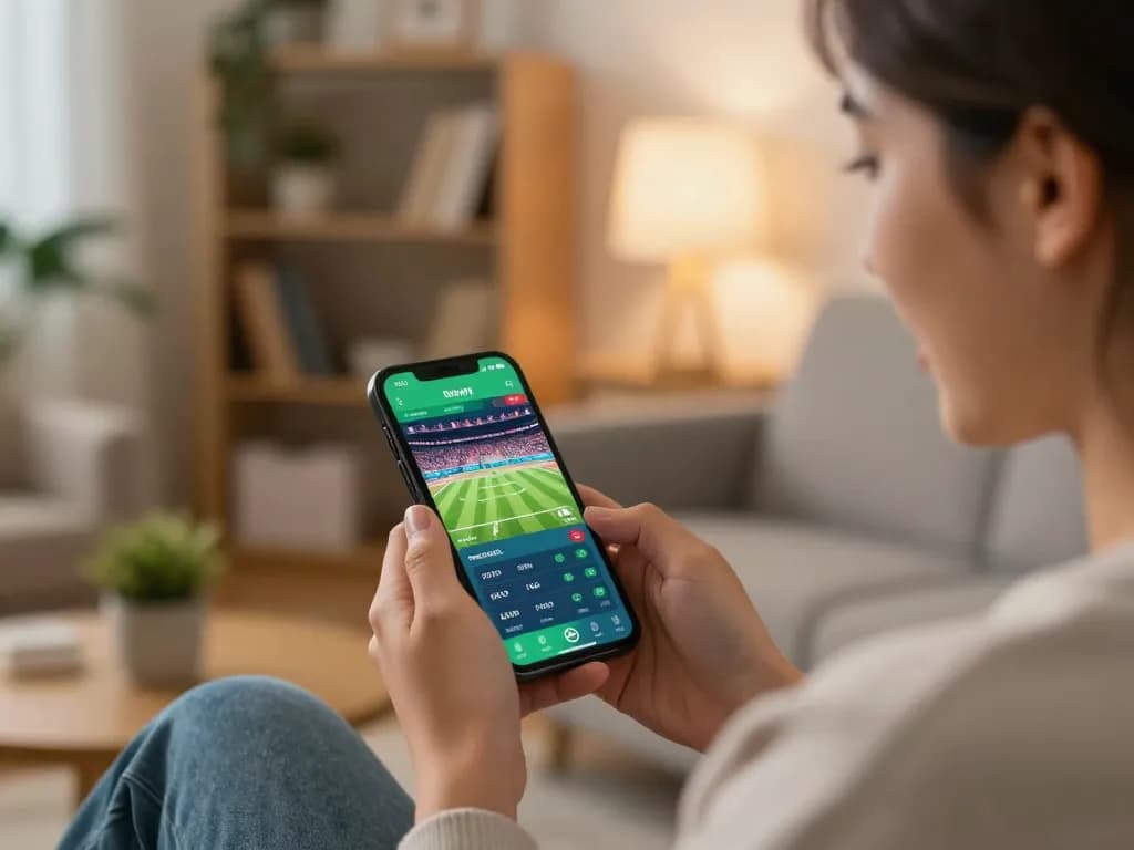 Engaged user betting on WW88 sports app, displayed on smartphone, in a cozy home setting.