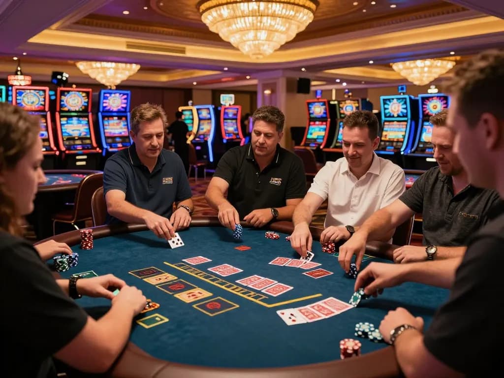 Ace96au players strategically placing bets at an exciting blackjack table, vibrant casino atmosphere.