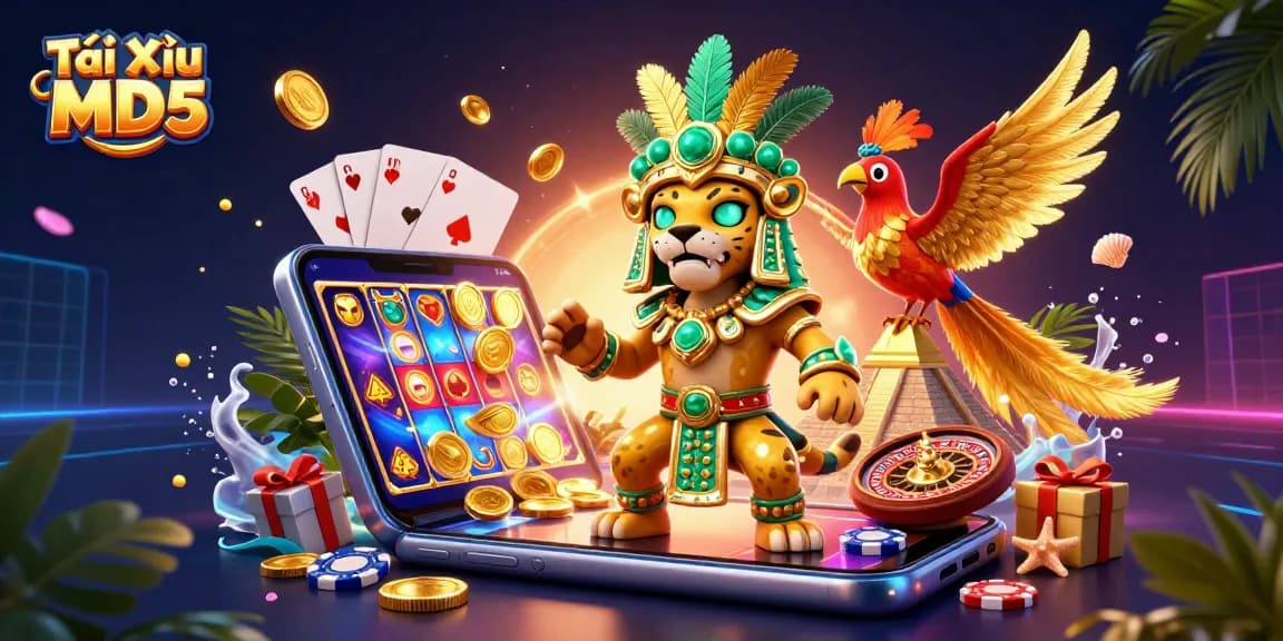 Play Tài Xỉu MD5, showcasing dynamic casino elements like spinning slots and glowing coins.