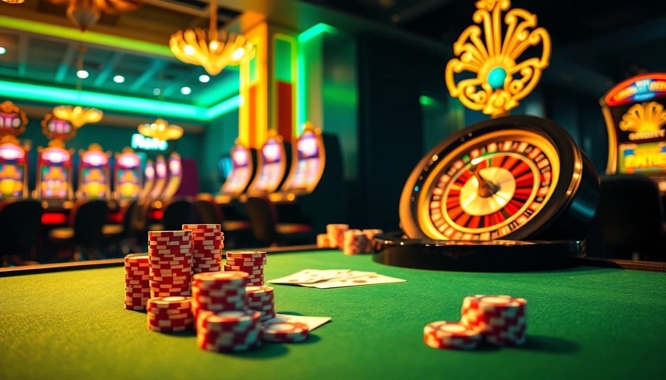 Excitement at nhà cái open88 with vibrant casino elements like poker chips, roulette, and slot machines.