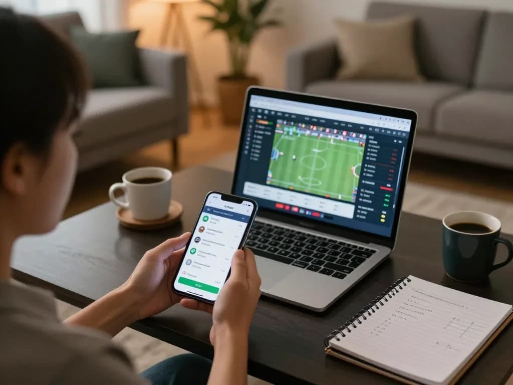 Tỷ lệ kèo nhà cái hôm nay being analyzed on smartphone and laptop in cozy home setting.