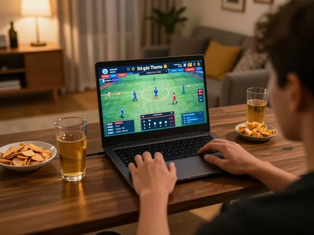 Engaged player watching Đá gà thomo live stream on laptop during exciting cockfighting matchup