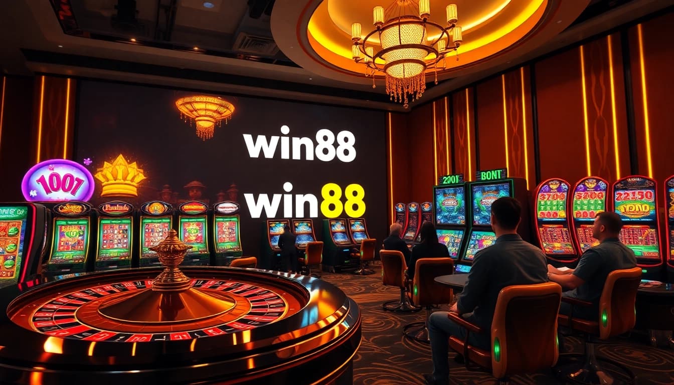 Winning at win88 with exciting online casino games featuring roulette and slots in a vibrant atmosphere.