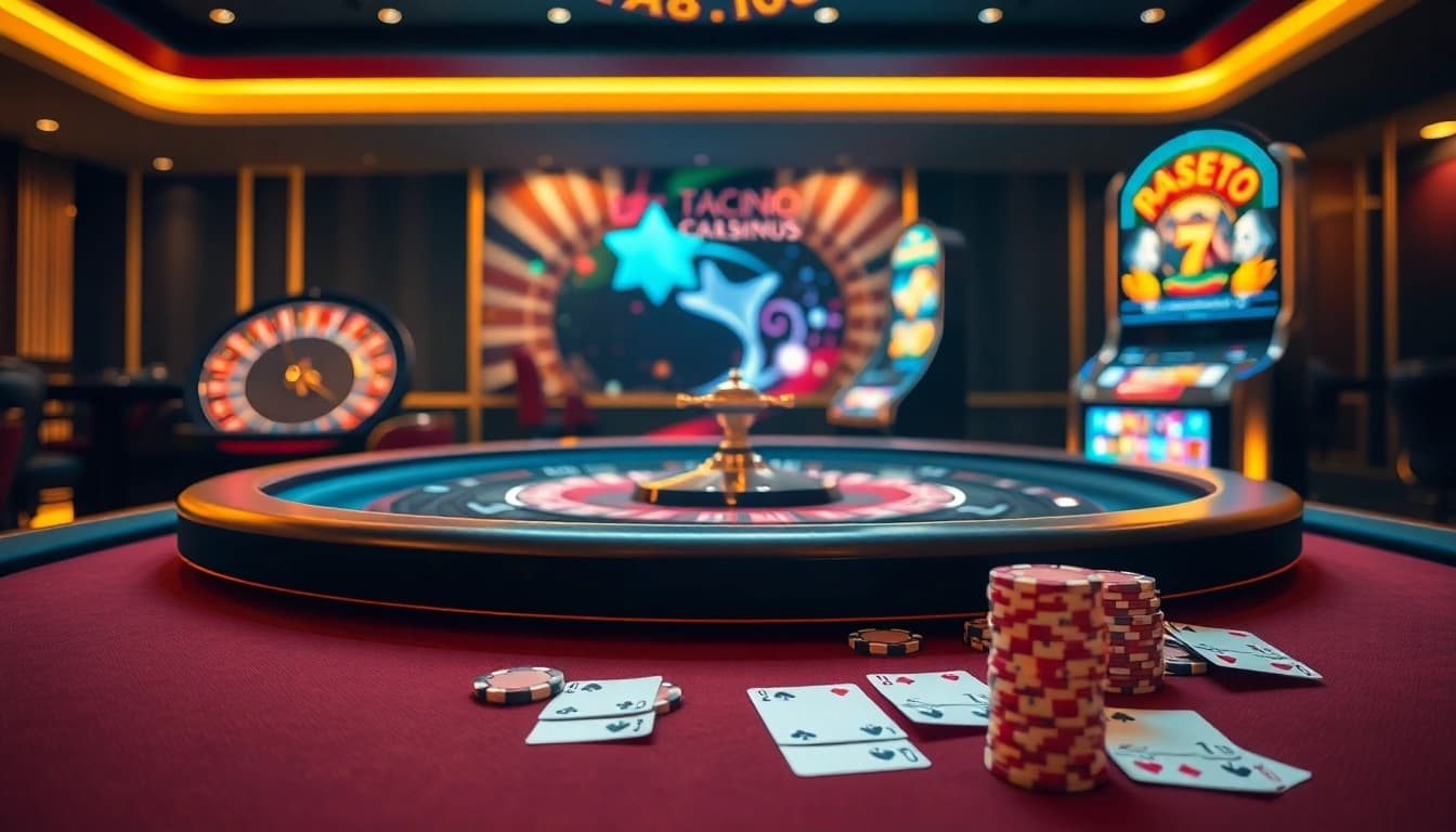 Experience the excitement of ta88 with vibrant casino elements like poker chips and roulette.