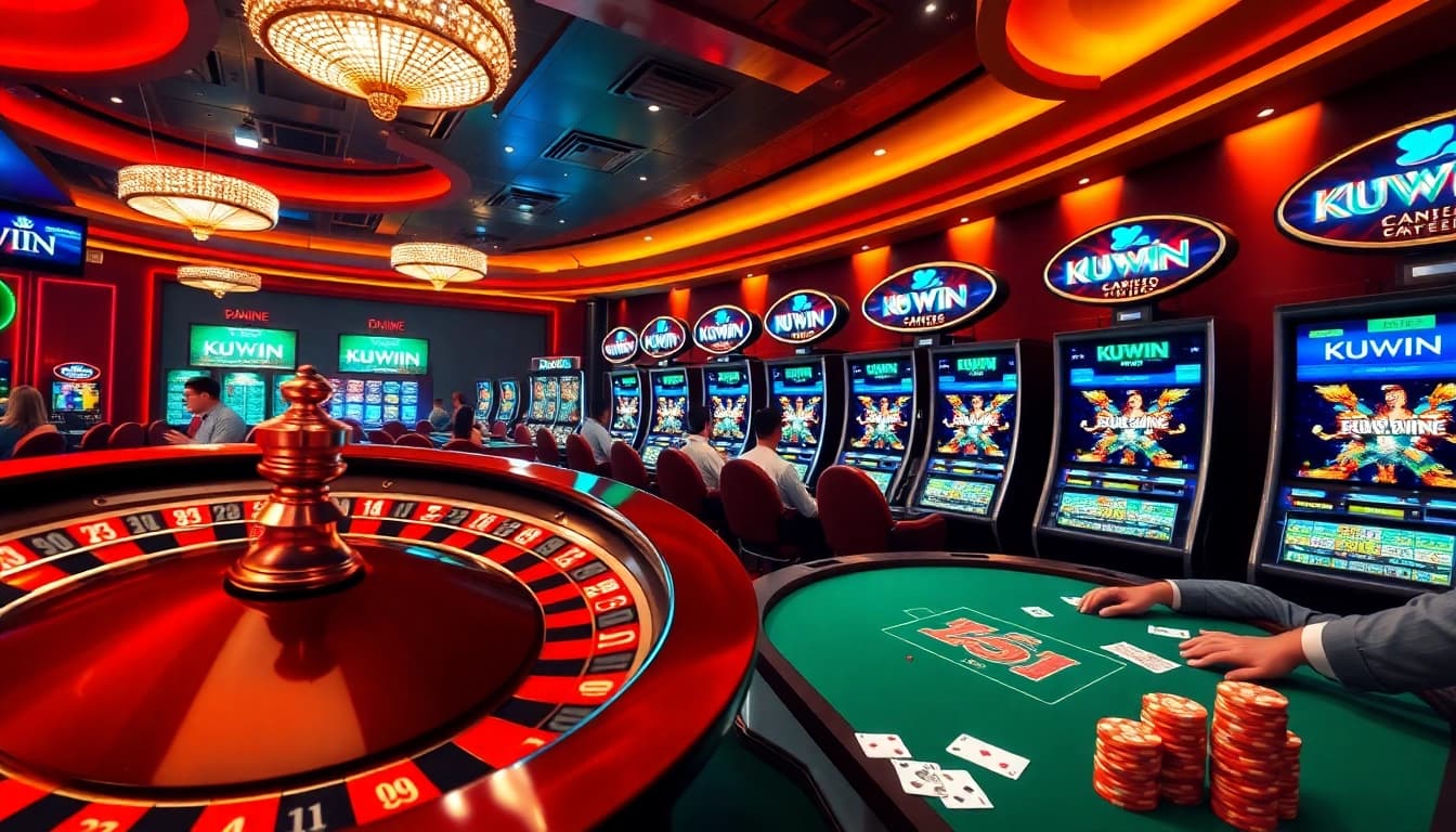 Experience the thrill of KUWIN gaming with vibrant casino tables and roulette wheels.