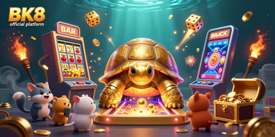 Engage with the BK8 official platform in this vibrant 3D casino illustration showcasing energetic gameplay elements and dynamic graphics.