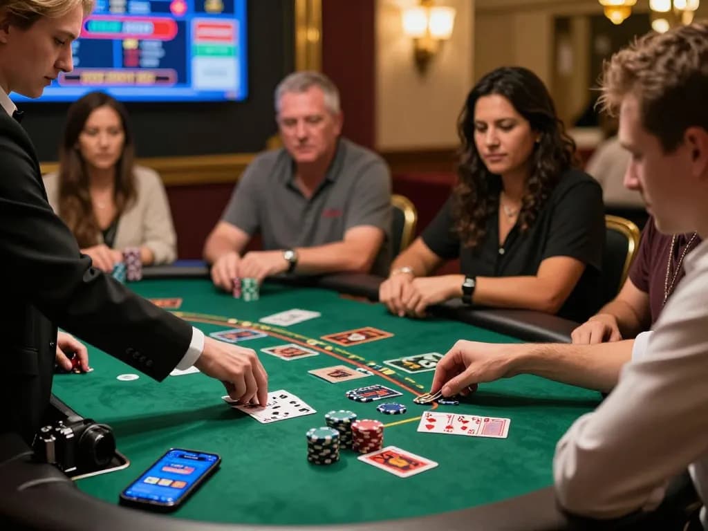 Players engaging with QE8 online blackjack table, vibrant chips and smartphone showing app.