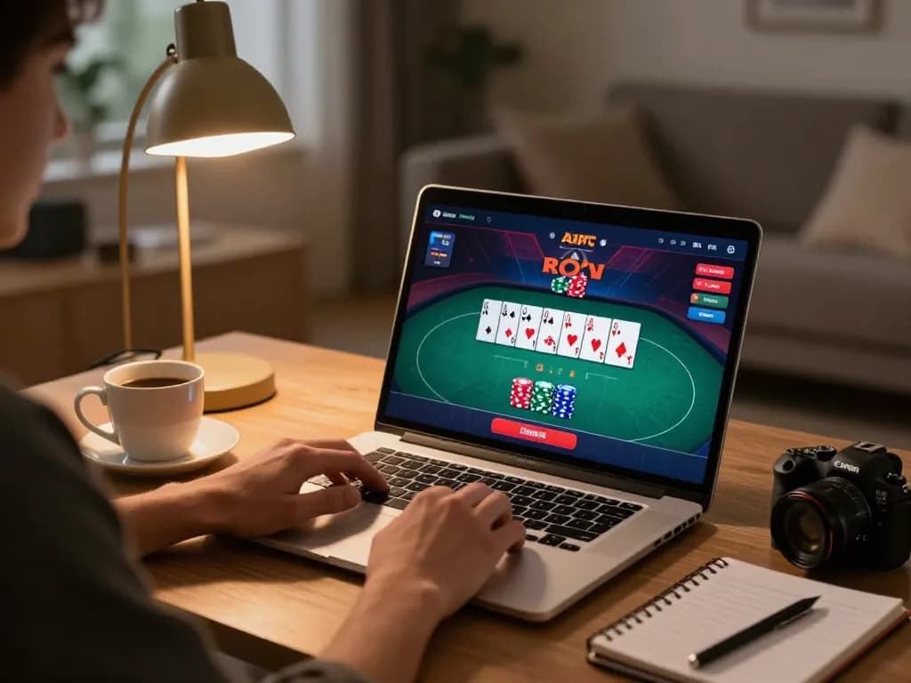 68win player engages in strategic online poker gaming from home with a cozy setup.