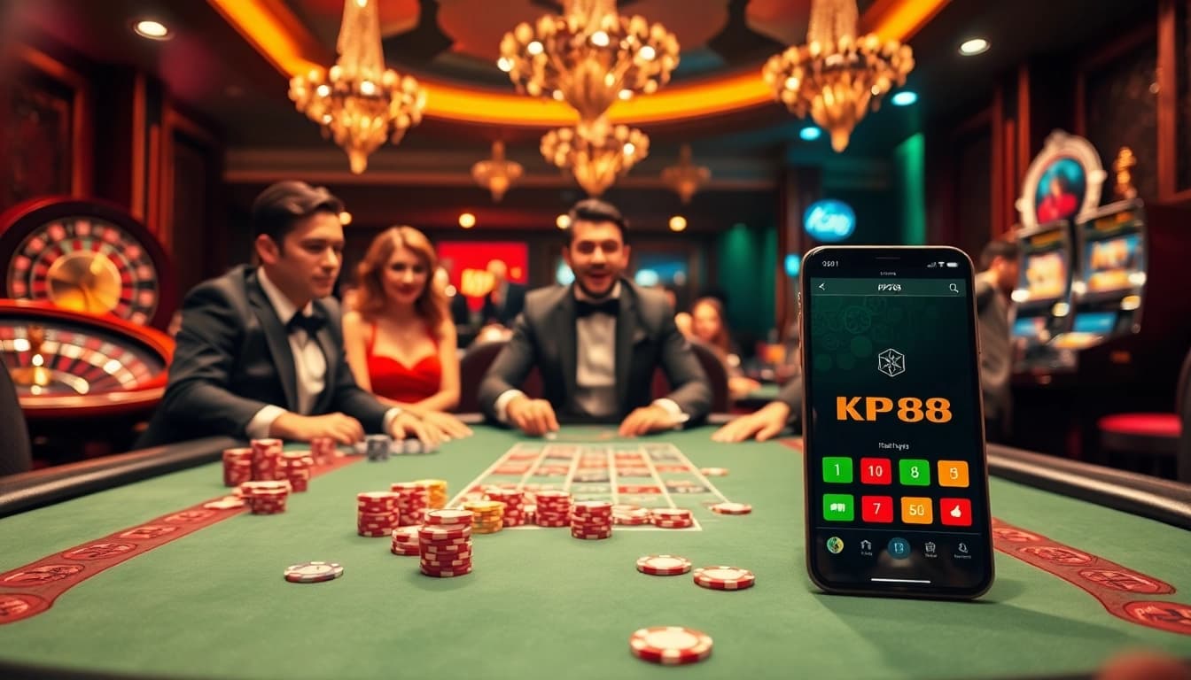 Engaging poker game scene at KP88 space with colorful chips and players in excitement.