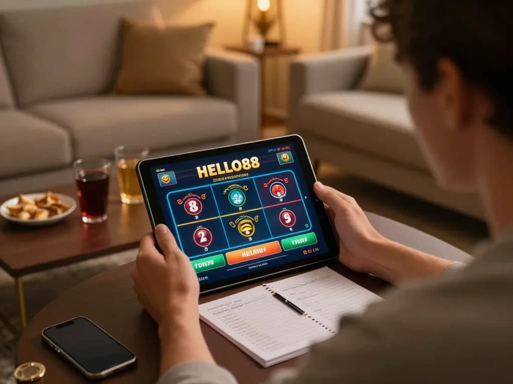 Player engaging in HELLO88 online gaming on a tablet in a cozy living room.