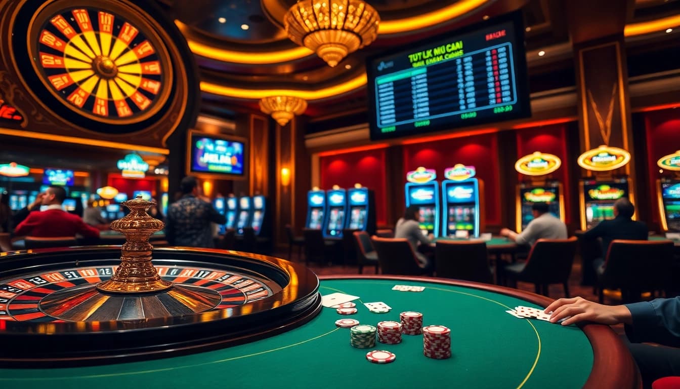 Excitement of tỷ lệ kèo nhà cái showcased in a vibrant casino with poker and roulette.
