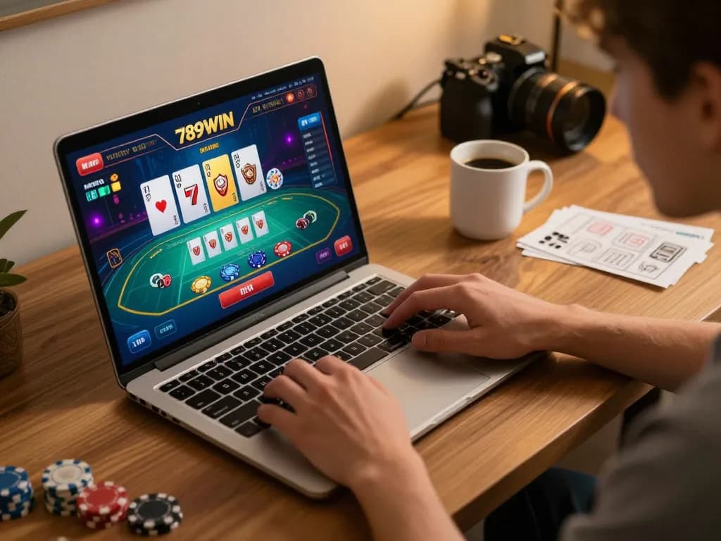 Engaging in live casino gameplay on 789WIN, showcasing vibrant online interface in a cozy home setting.