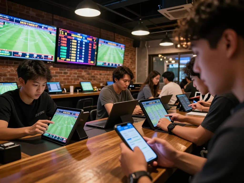 Engaging scene of bettors analyzing kèo bóng đá odds in a vibrant sports betting lounge