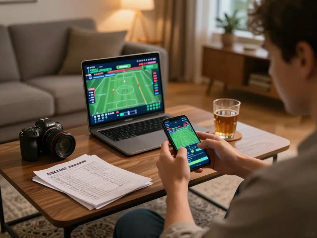 Person actively engaging in online sports betting via smartphone at https://n188.build/ in warm and inviting home setting
