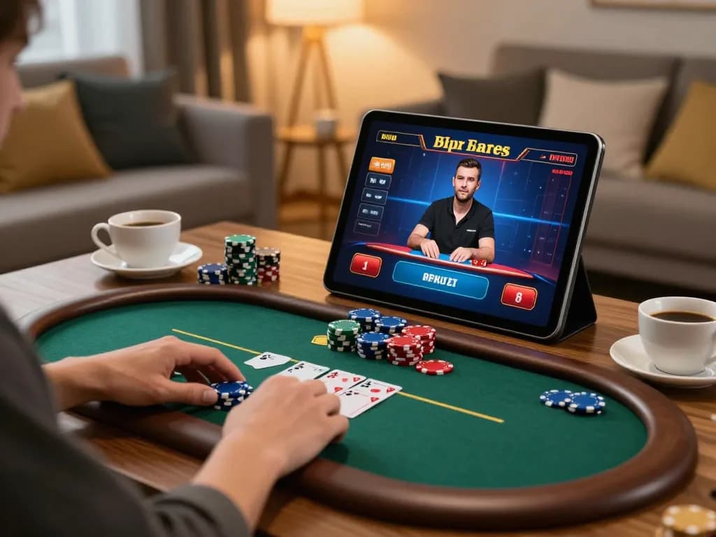 Player enjoying O8 poker game on tablet in a warm living room setting.