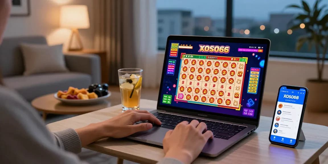 Exciting online gaming moment with xoso66 lottery platform on laptop.