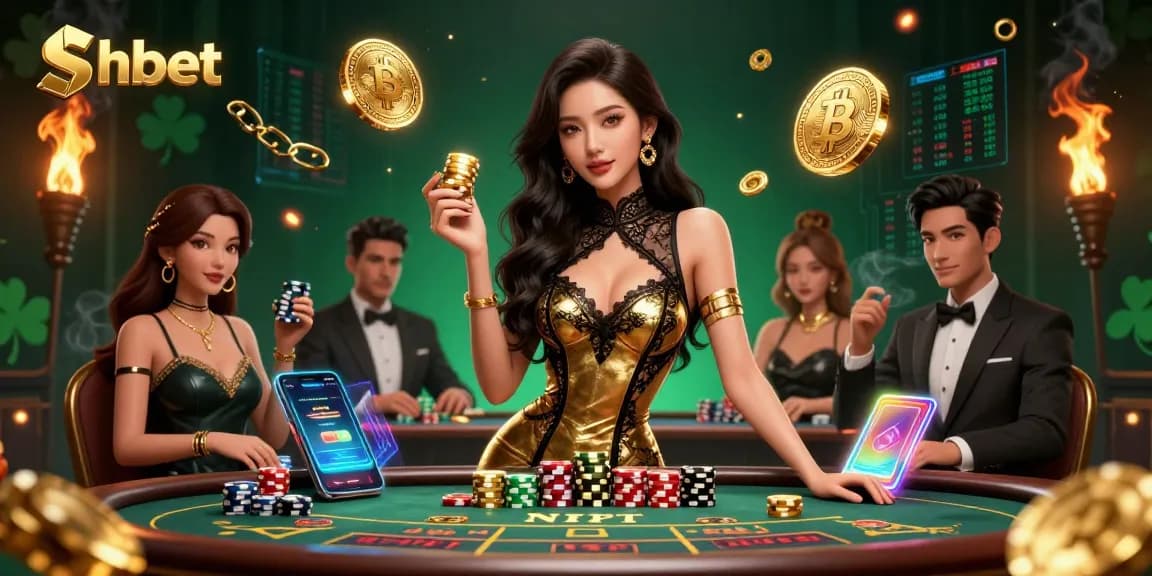Shbet showcases a stunning scene at a VIP baccarat table with glamour and cryptocurrency elements.