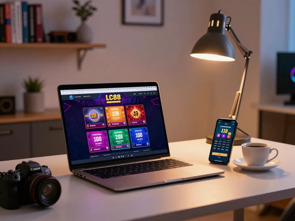 Player strategizing on LC88 online casino with laptop and smartphone in a cozy home setup