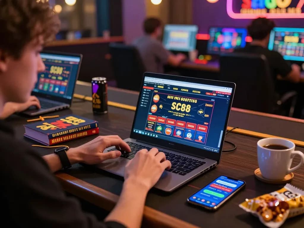 Engaging with sc88 online casino game on laptop while analyzing strategy notes