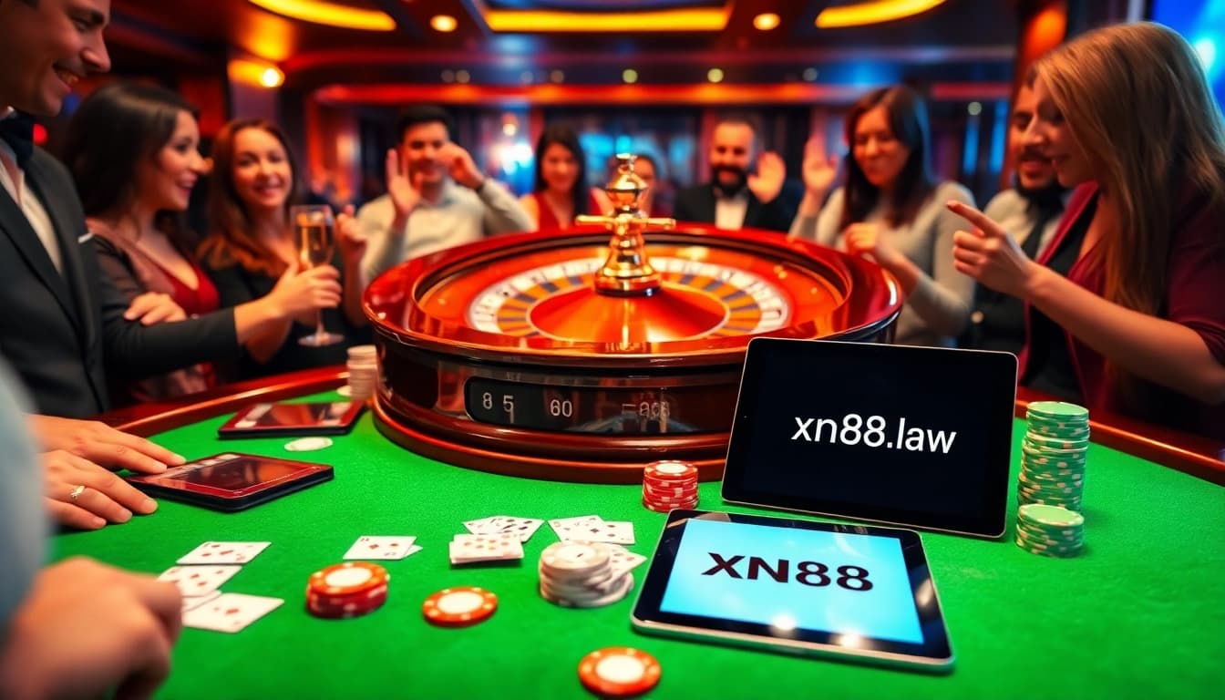 Experience excitement at https://xn88.law/ with a luxurious casino scene featuring roulette, cards, and chips.