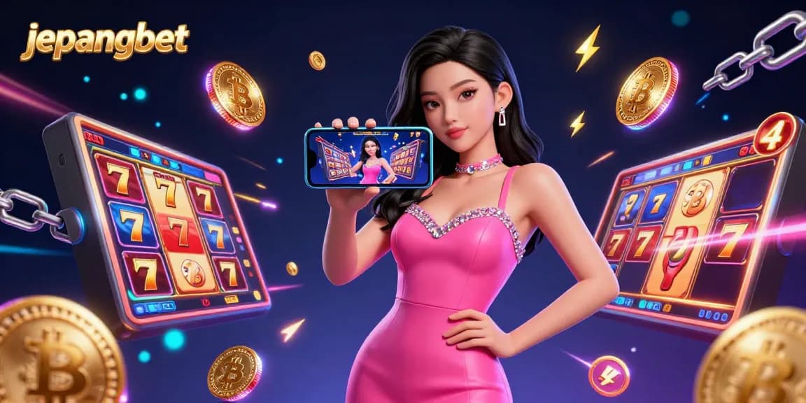 Experience thrilling slot games with Jepangbet's dynamic 3D illustration showcasing innovative gameplay and crypto elements.