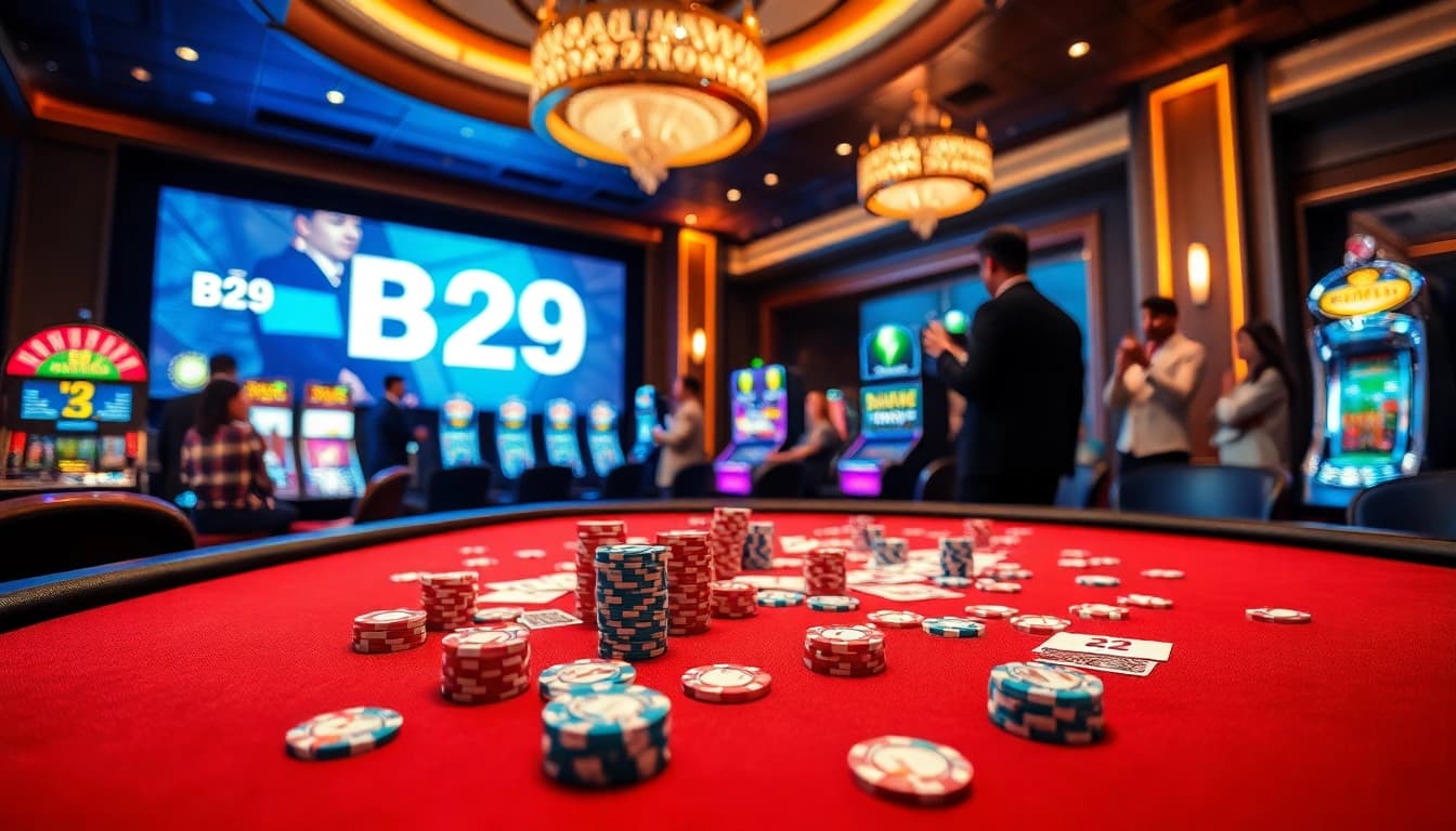 Players enjoying a vibrant B29 casino experience with cards, chips, and roulette wheels.