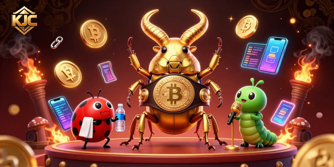 KJC showcases thrilling battles in a vibrant cartoon casino scene filled with crypto elements.