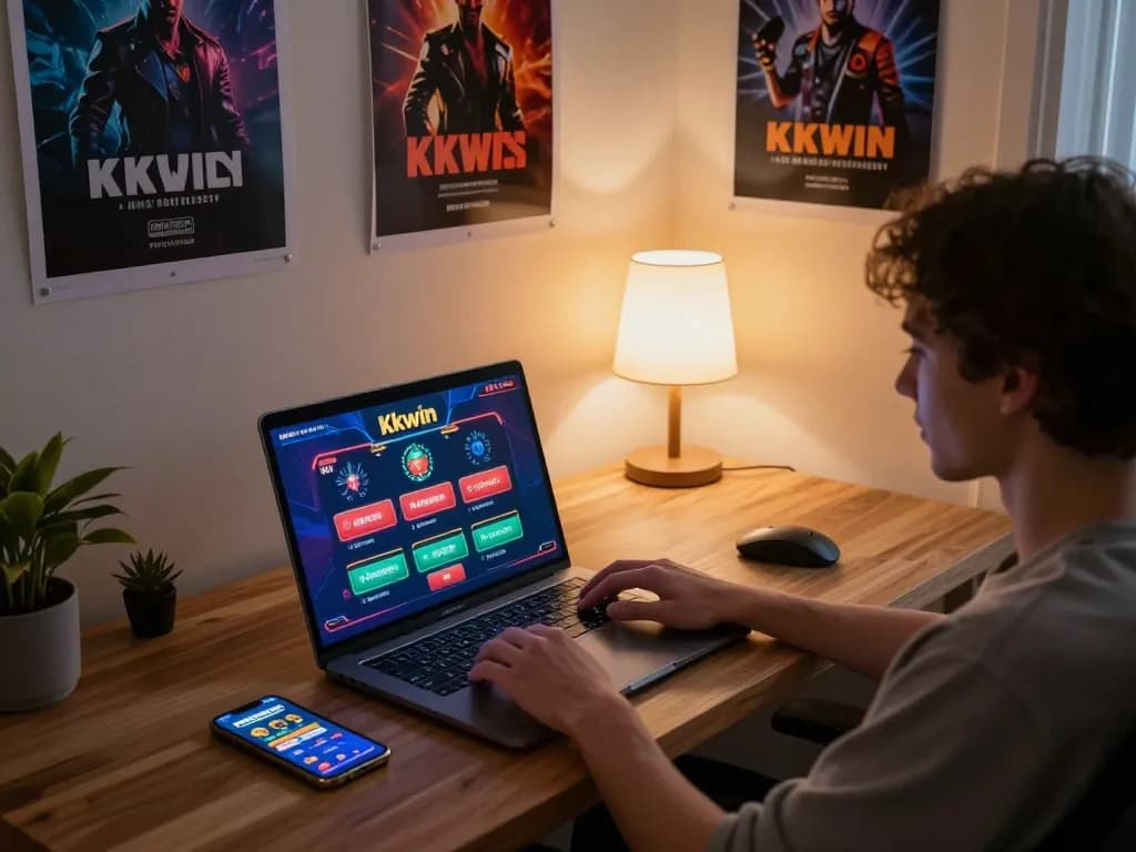 Kkwin player engaging with online casino games on a laptop in a cozy home setting