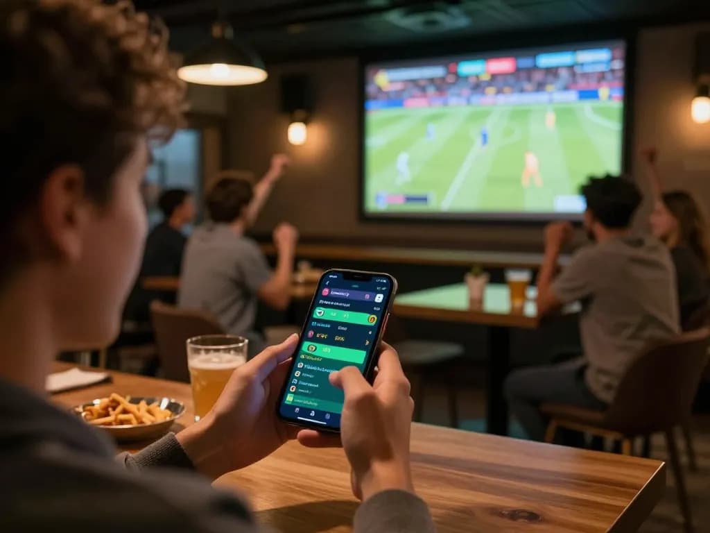 Engaging moment of using the Bsport app for live sports betting during an exciting match
