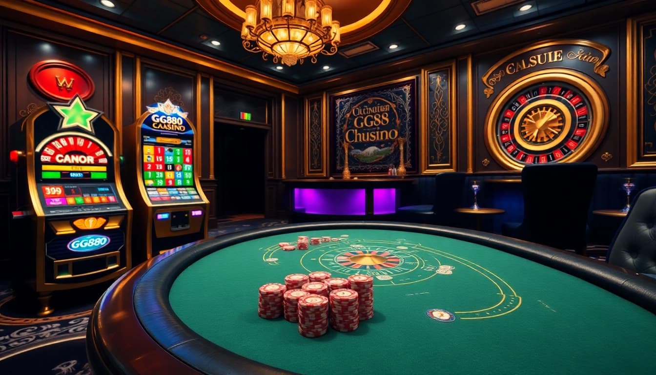 Experience the thrilling gaming environment at GG88, featuring vibrant slot machines and poker tables.