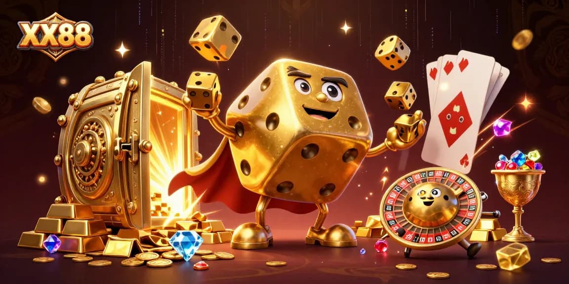 Experience thrilling gaming at XX88 with vibrant golden dice and dynamic casino elements.
