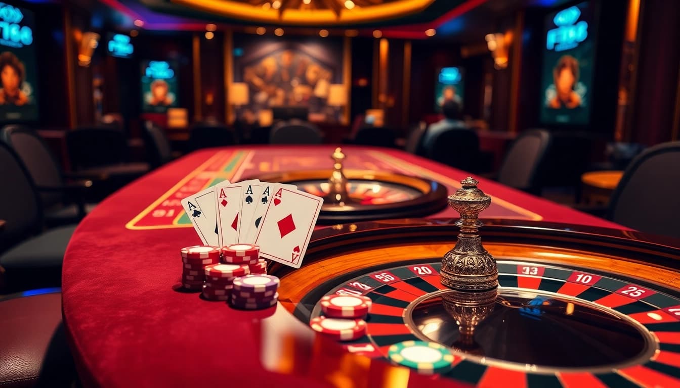 Players enjoying a thrilling game at F168's luxurious casino table featuring colorful poker chips.