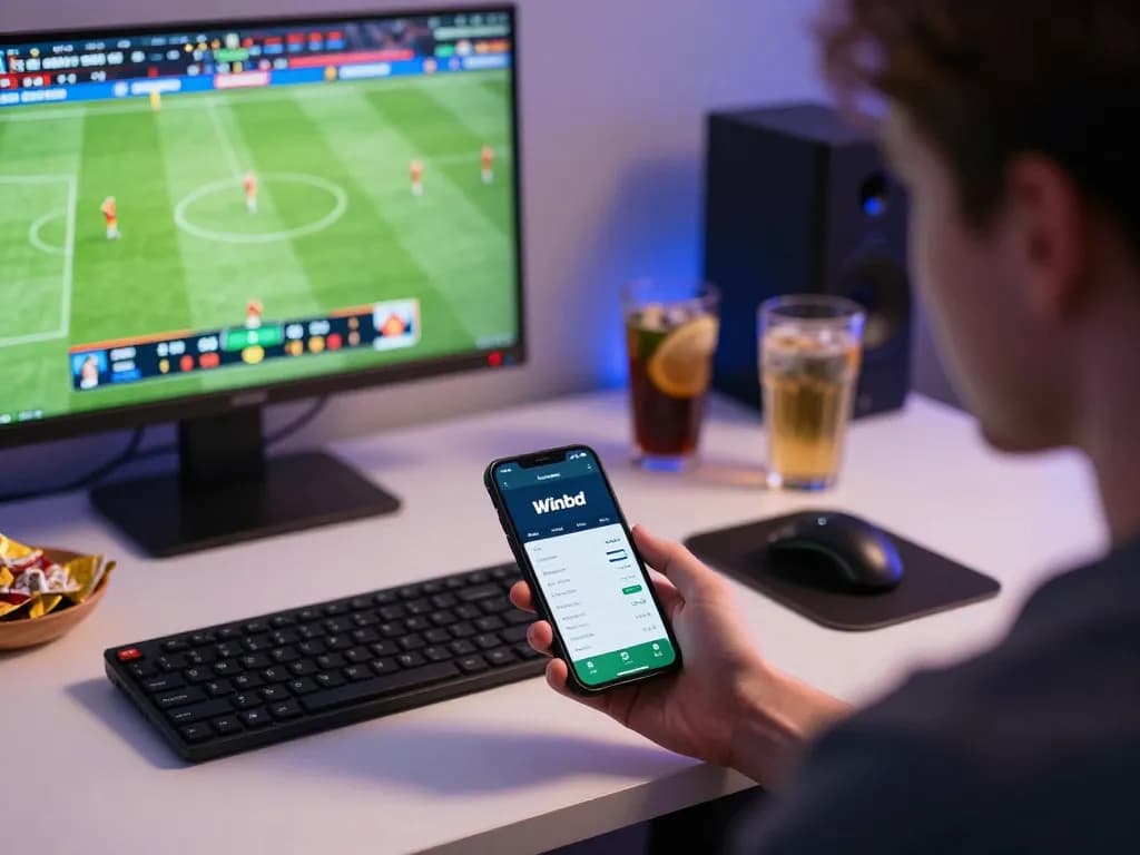 Winbd player engaging with live betting app on smartphone in a cozy home setting