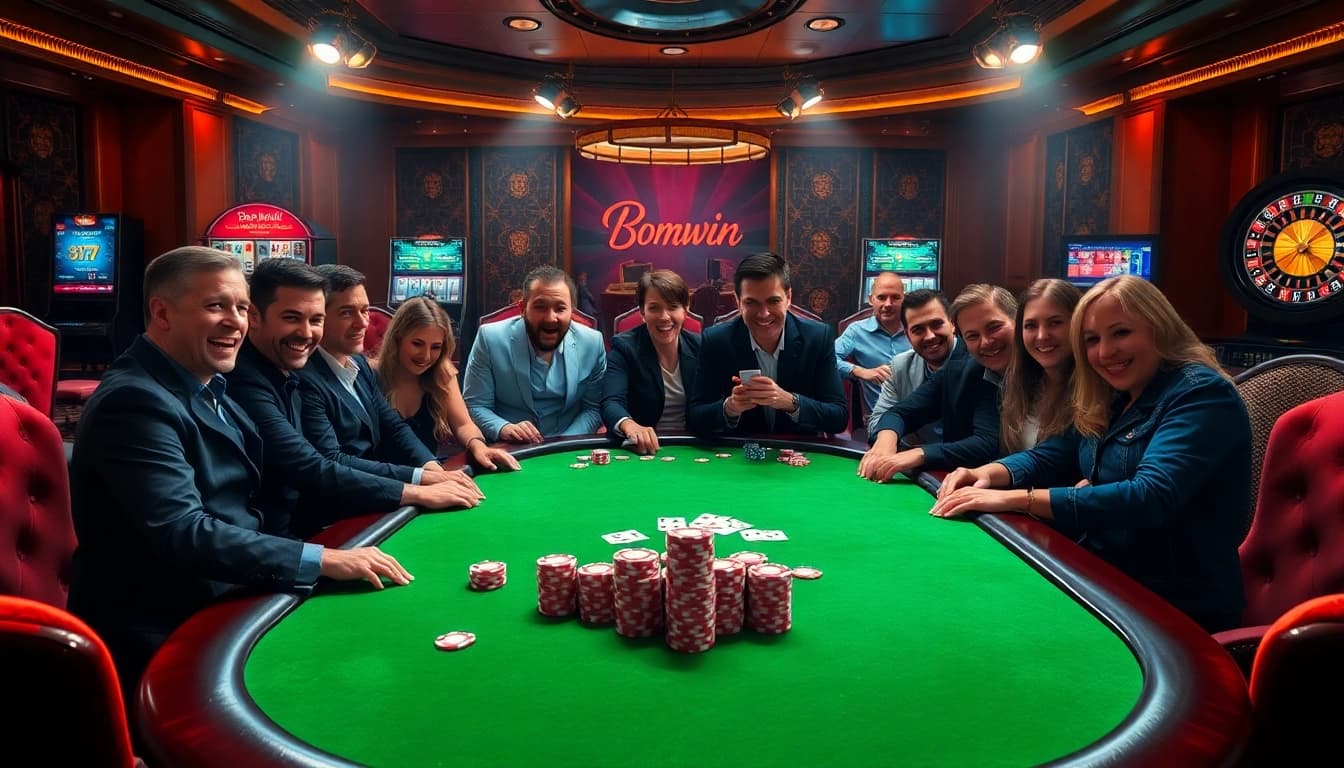 Experience high-stakes gameplay at Bomwin's luxurious poker table with vibrant chips and cards.