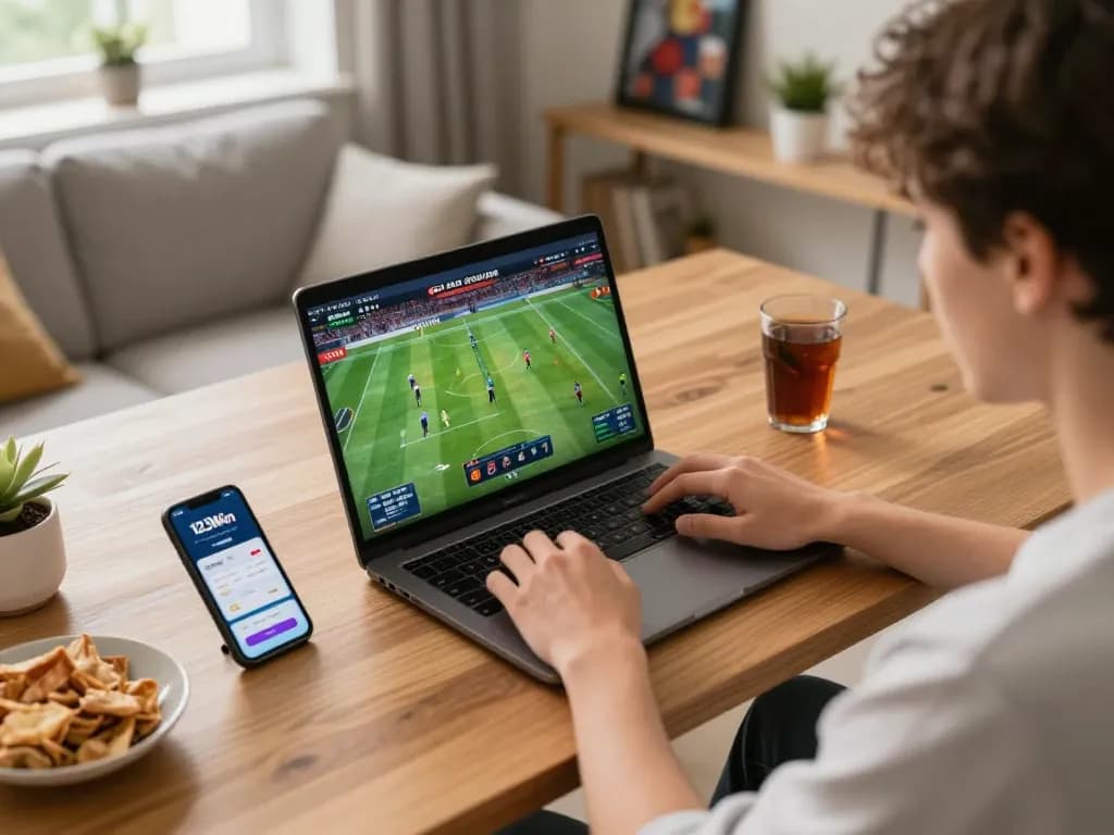 Player engaging in online sports betting on 123Win, showcasing a comfortable home gaming setup
