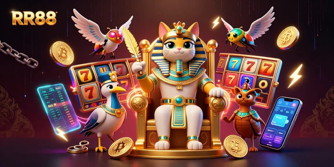 Play slot games with RR88 in a vibrant, dynamic 3D casino scene featuring rich characters and gambling elements.