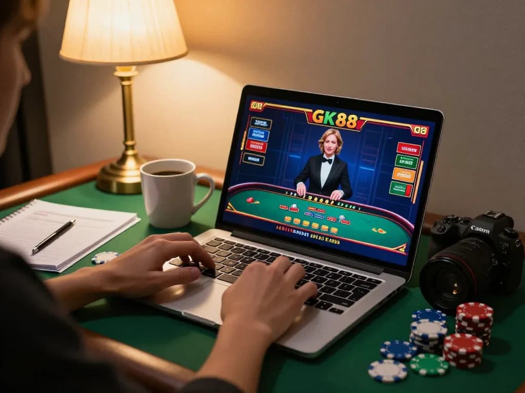 Player engaging with GK88 online casino games on a sleek laptop, vibrant gaming atmosphere.