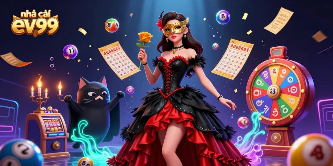 Experience the dynamic action of nhà cái ev99 with vibrant lottery games and engaging casino elements in this captivating digital illustration.