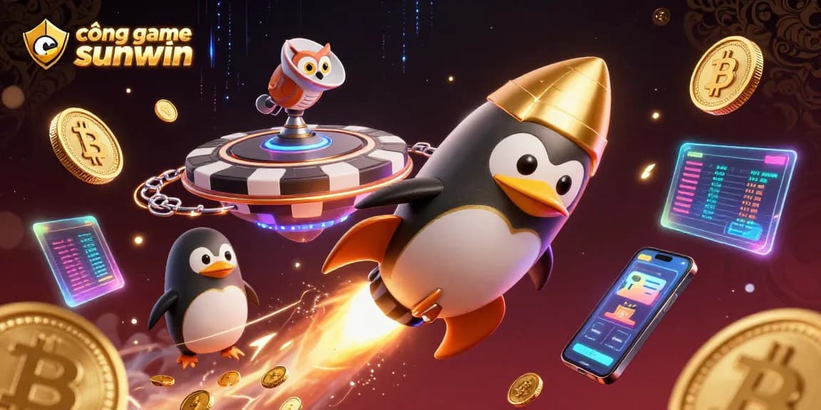 Engage with the thrilling cổng game sunwin, featuring a golden penguin soaring through a cosmic casino landscape.