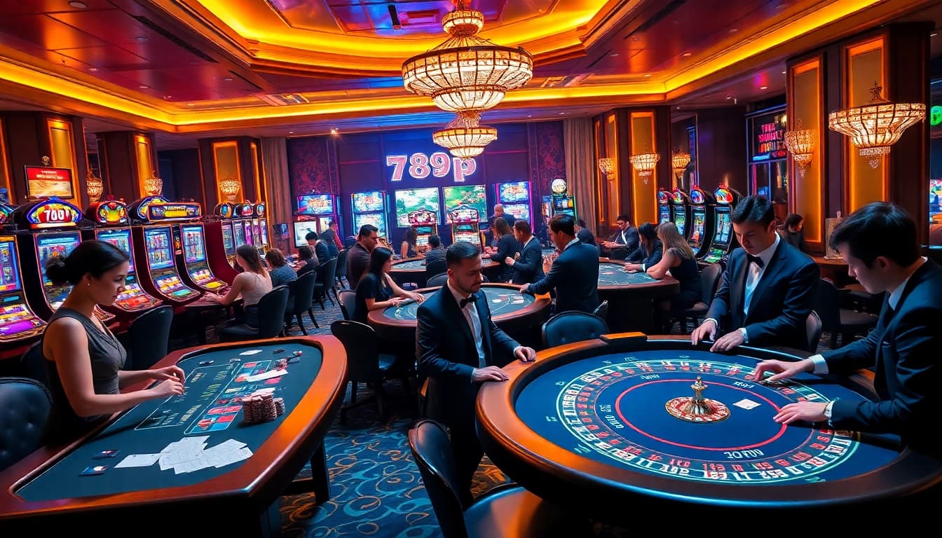 An exciting scene depicting gamblers engaging with professional dealers at 789p casino tables, immersed in high-stakes gameplay.