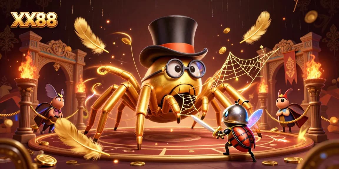 Engage with thrilling gaming at XX88, where a tarantula weaves winning webs in a vibrant casino.