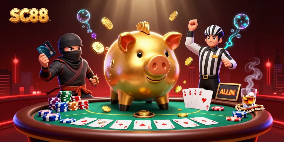 SC88 roaring with excitement amidst a vibrant casino scene, featuring a golden piggy bank sumo wrestler, poker chips, and action