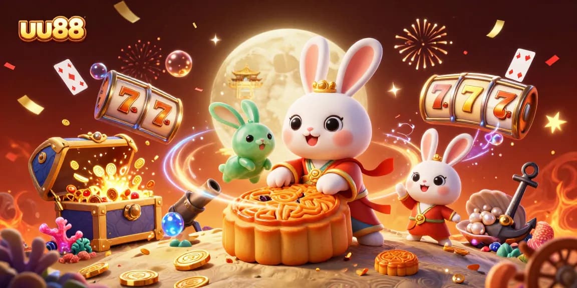 Win big at uu88: Cartoon moon rabbit and friends reveal poker chips inside golden mooncakes.