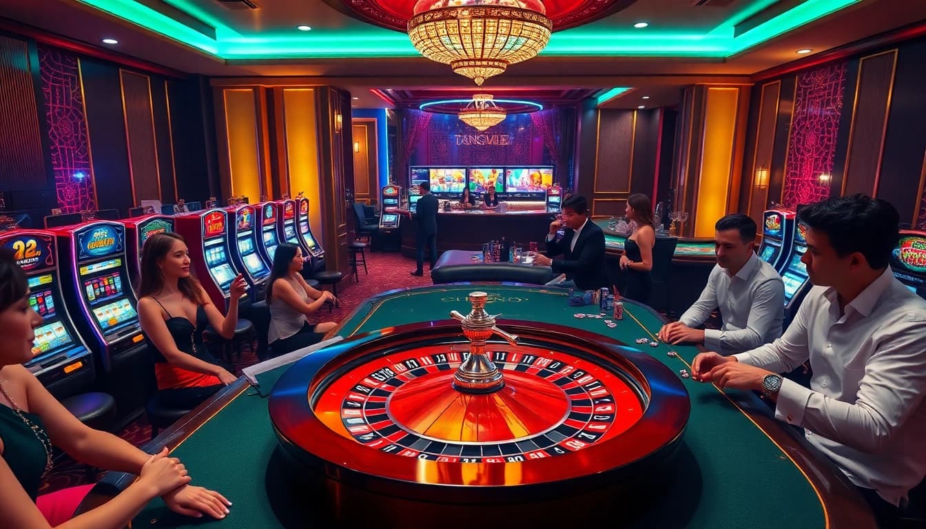 TG88 casino scene showcasing vibrant games, poker tables, and roulette wheels.