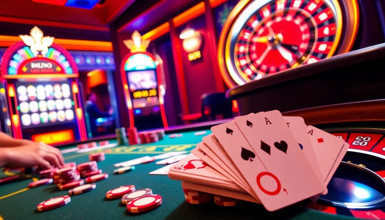 Experience the thrill of go8 with players engaged in high-stakes poker and vibrant slot machines.