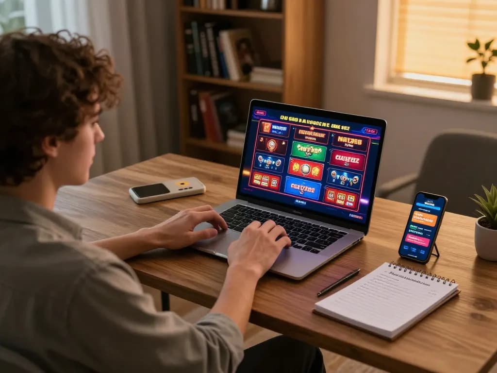 Engaged player using may88 to enjoy online slots in a cozy home office setting