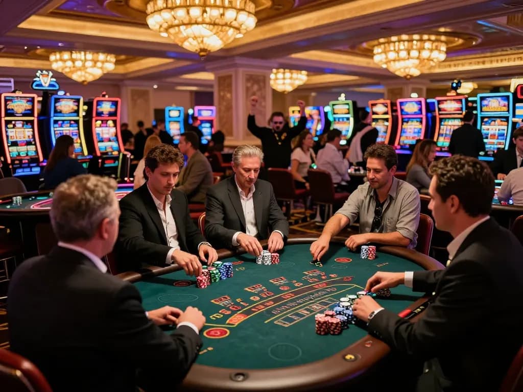 Players engaging in a blackjack game at Las Vegas casino, showcasing Ok9 thrilling casino atmosphere and strategic gameplay.