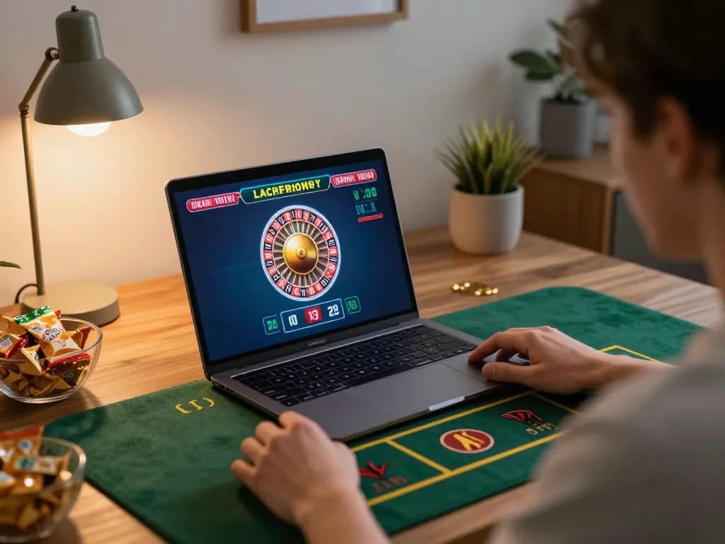 Engaging in a live dealer game on GO8 platform with laptop and snacks